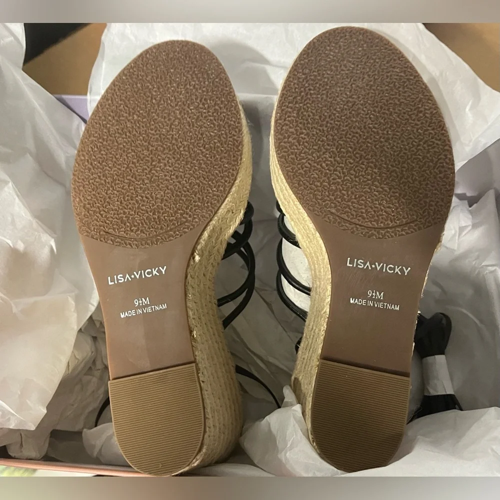 NWT Lisa Vicky Gaze Platform Lace Up Wedge Espadrille in Black Leather - Sz 9.5